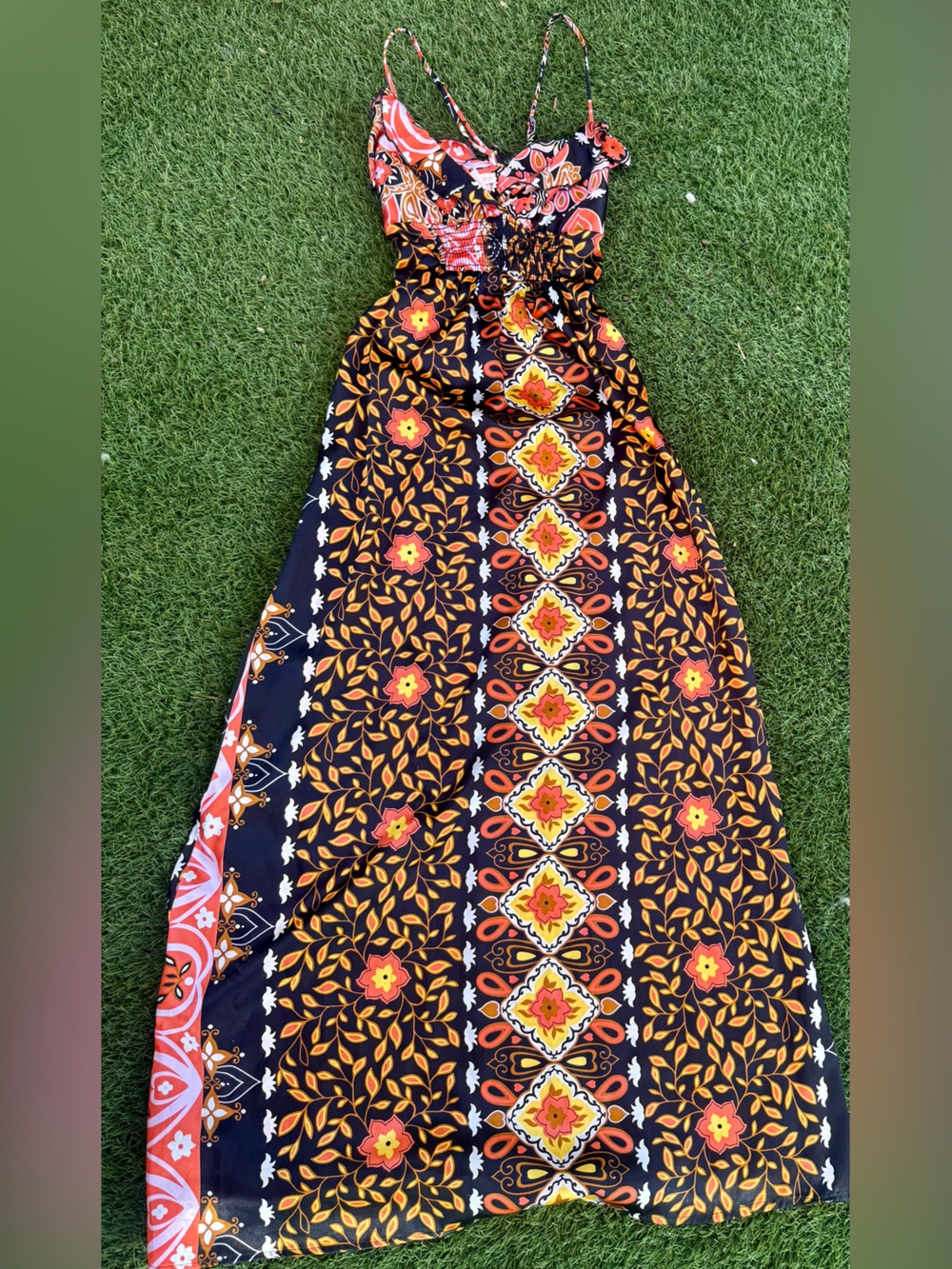 Women's Floral Medallion Maxi Skirt - Black with Orange & Yellow